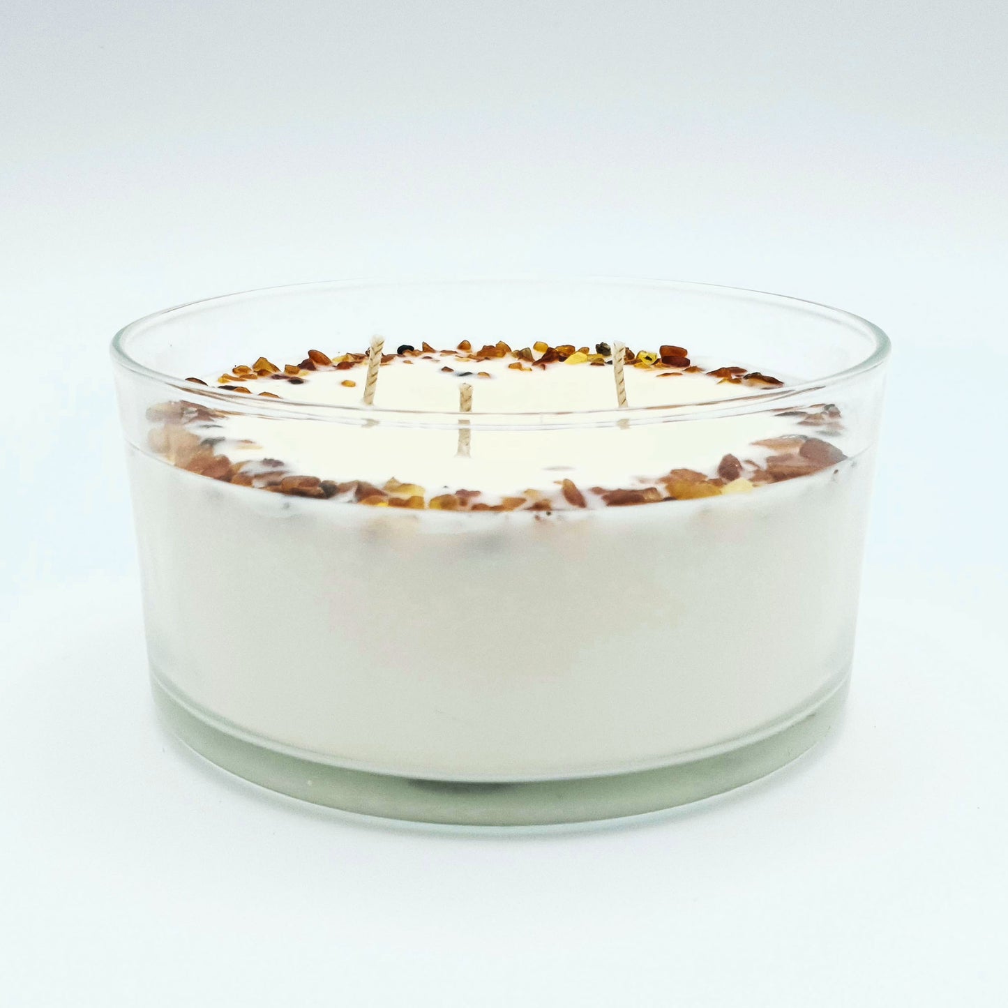 Soy wax candle "Amber and Lindenflowers" in a glass container, with three burners, ⌀ 14x8 cm