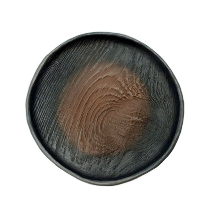Candle pad, black ceramic with wood texture, ⌀ 16 cm