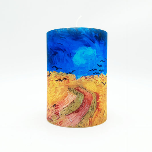 Design candle with the painting "Wheat field with ravens"