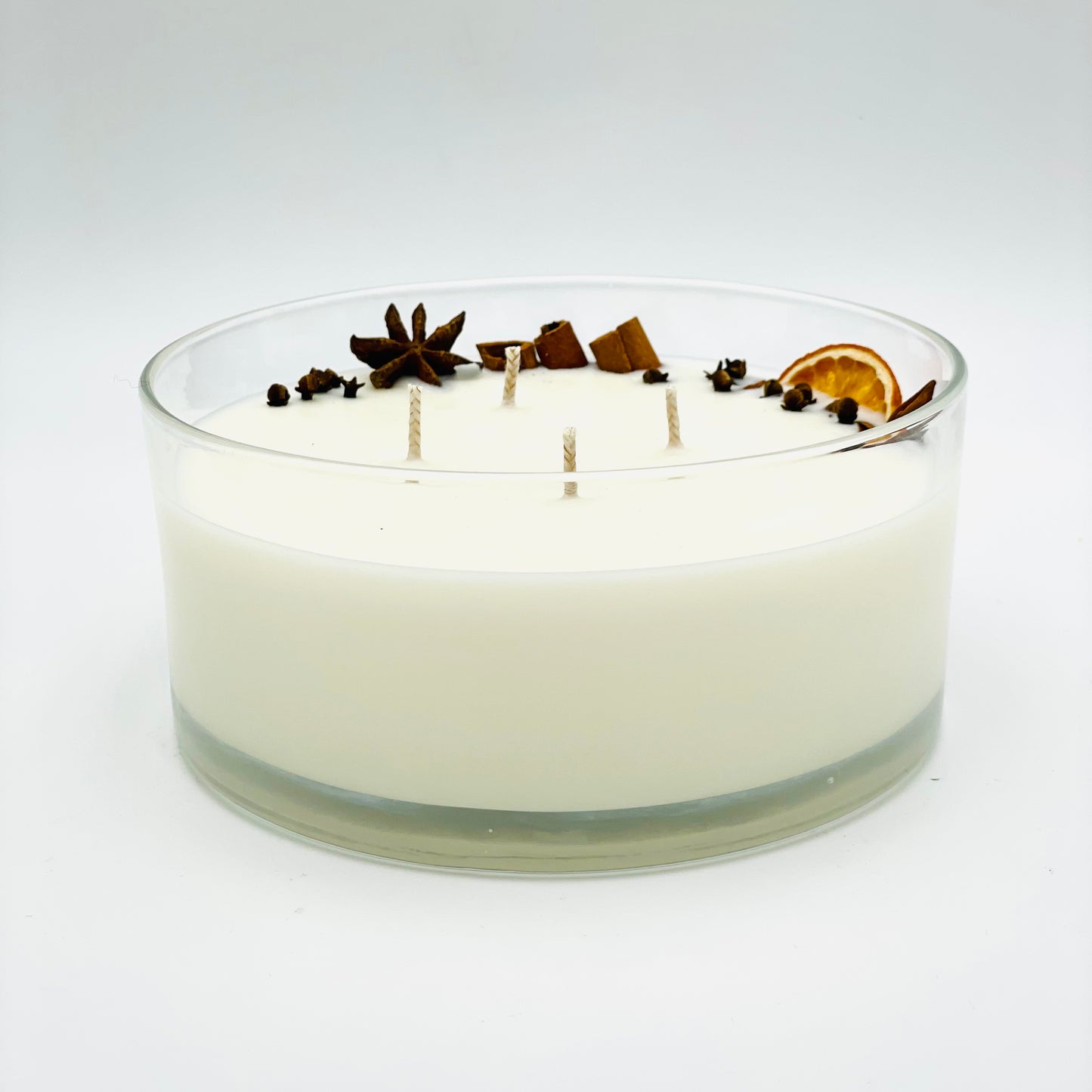 Soy wax candle "Cinnamon and Orange" in a glass container, with four burners, ⌀ 17x8 cm