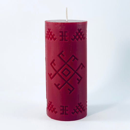 Soy wax candle with Latvian rune "Fire Cross", burgundy