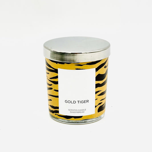 Дизайнерская свеча "Золотой Тигр" в стеклянной таре, аромат пряника.