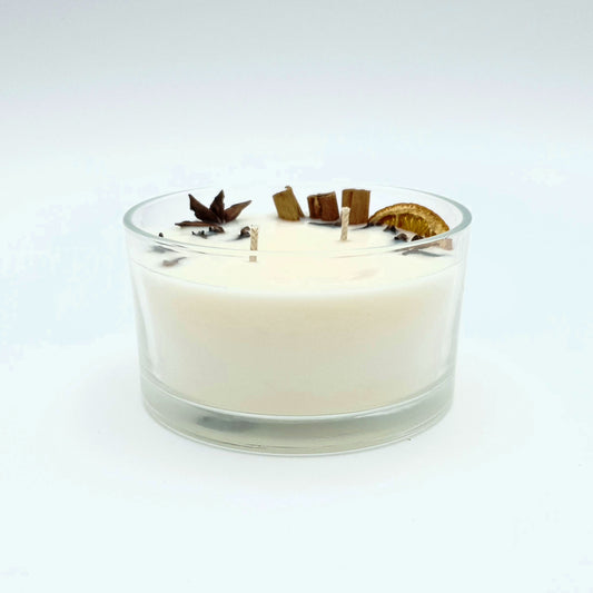 Soy wax candle "Cinnamon and Orange" in a glass container, with two burners, ⌀ 11x8 cm