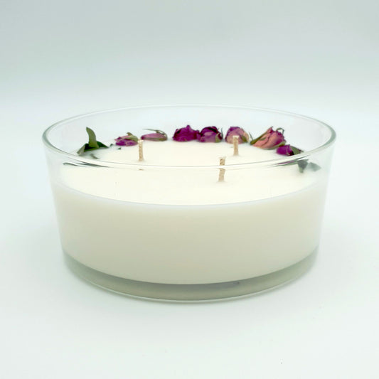 Sojas vaska svece "Velveta Roze" stikla traukā, ar trim degļiem, ⌀ 14x8 cm