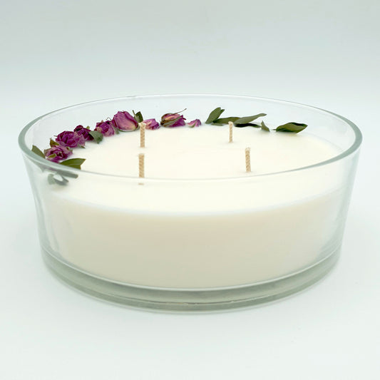 Sojas vaska svece "Velveta Roze" stikla traukā, ar četriem degļiem, ⌀ 17x8 cm